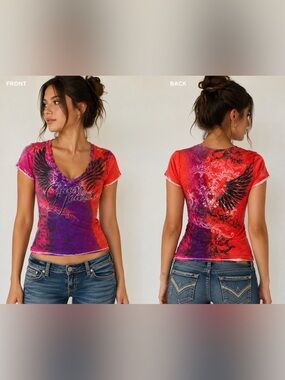 Y2K Guess Jeans Graphic V Neck T Shirt Med Pink Purple Red Ombre rhinestone
